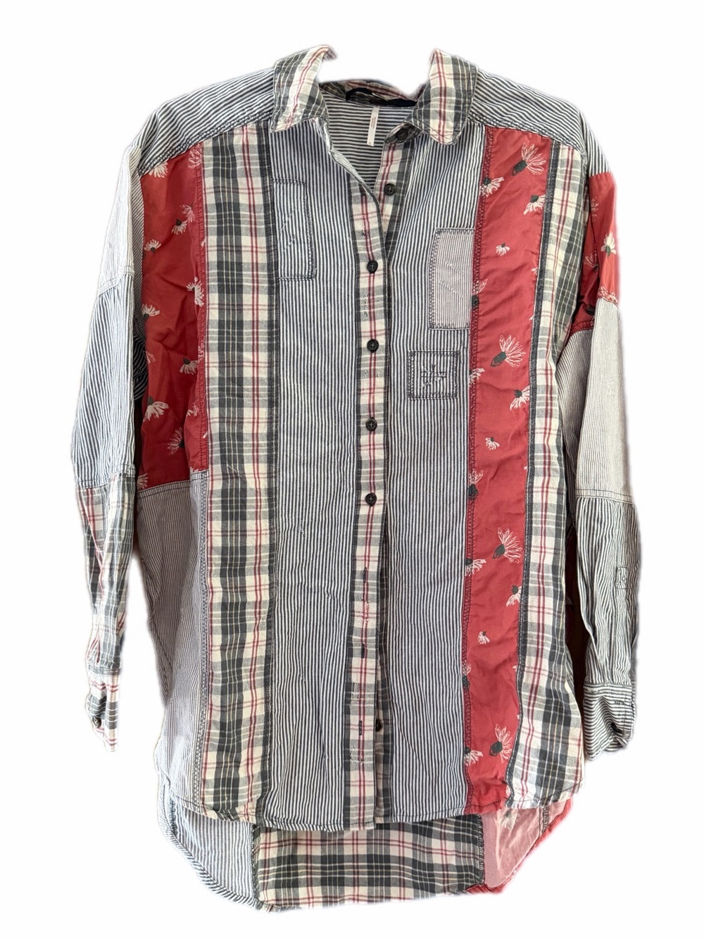 Free People All Patched Up Button Down Shirt Patchwork Plaid Floral Oversized M - Picture 12 of 15